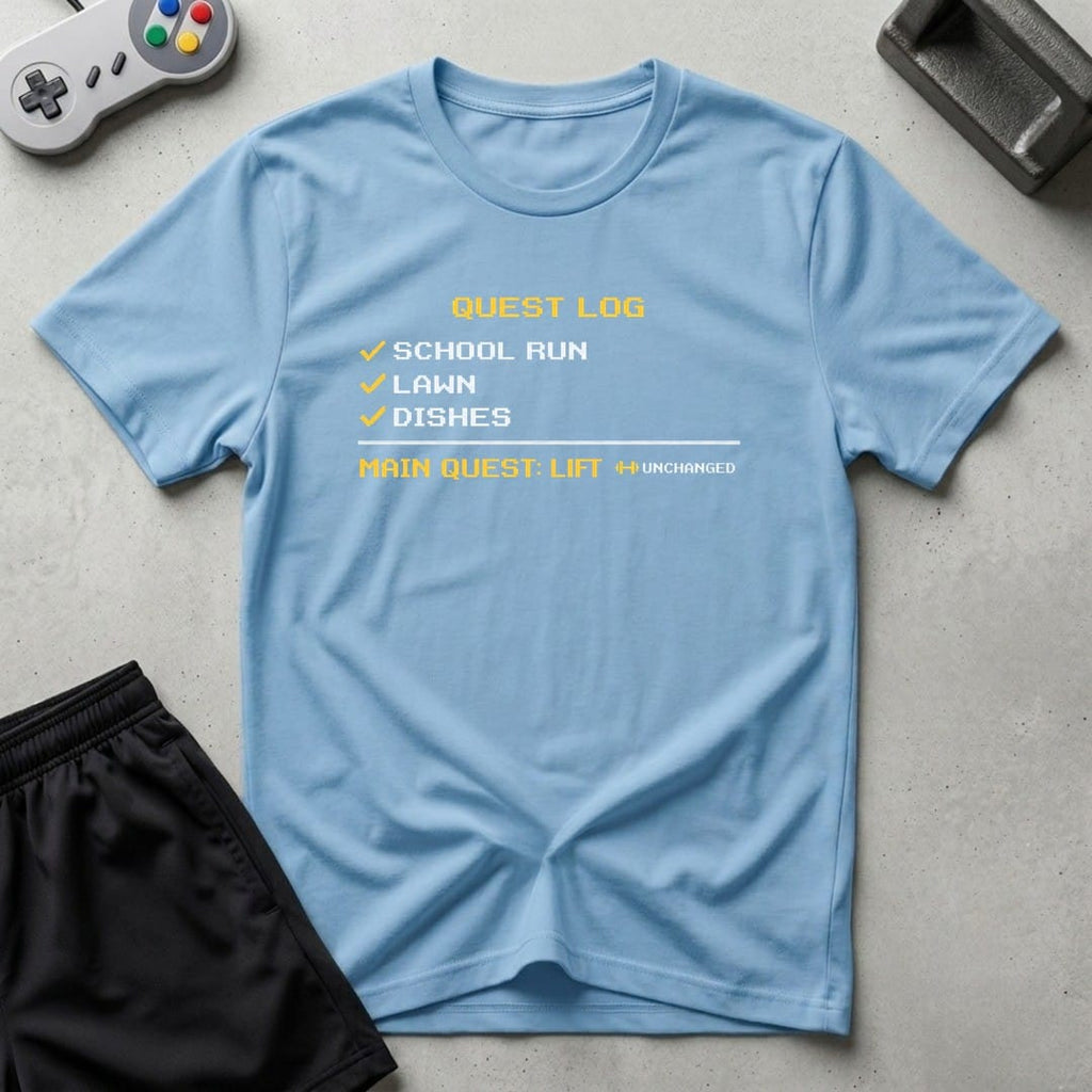 DreamMaker mockup — Quest Log T-Shirt (light-blue)