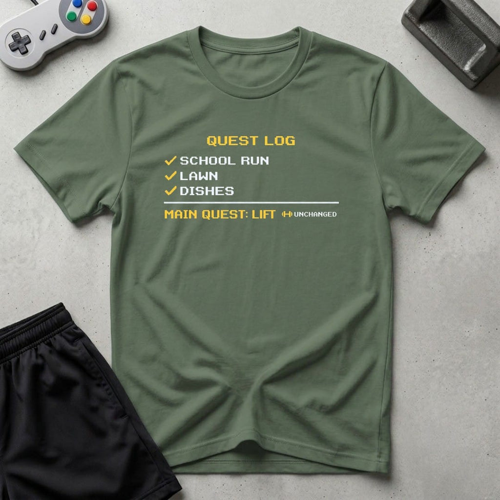 DreamMaker mockup — Quest Log T-Shirt (military-green)