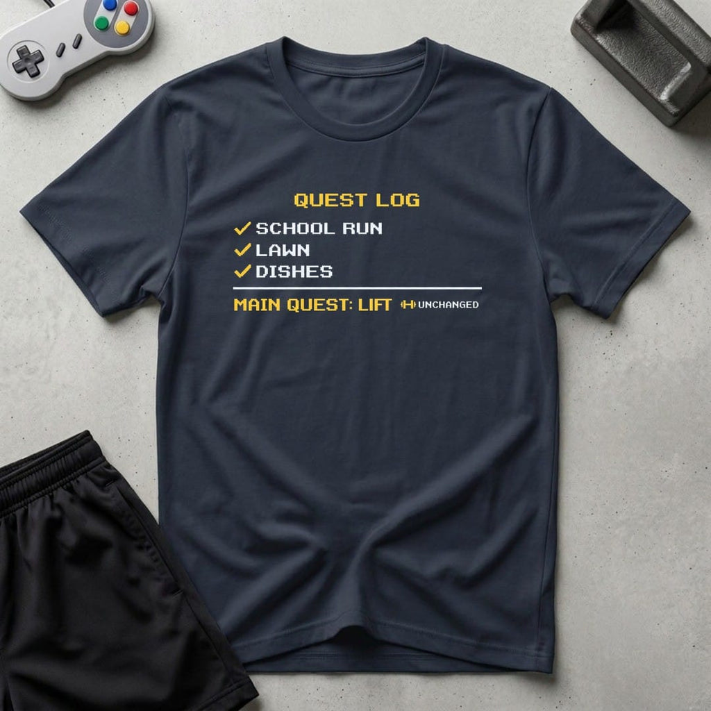 DreamMaker mockup — Quest Log T-Shirt (navy)