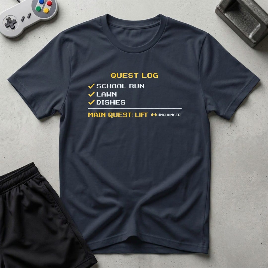 DreamMaker mockup — Quest Log T-Shirt (navy)