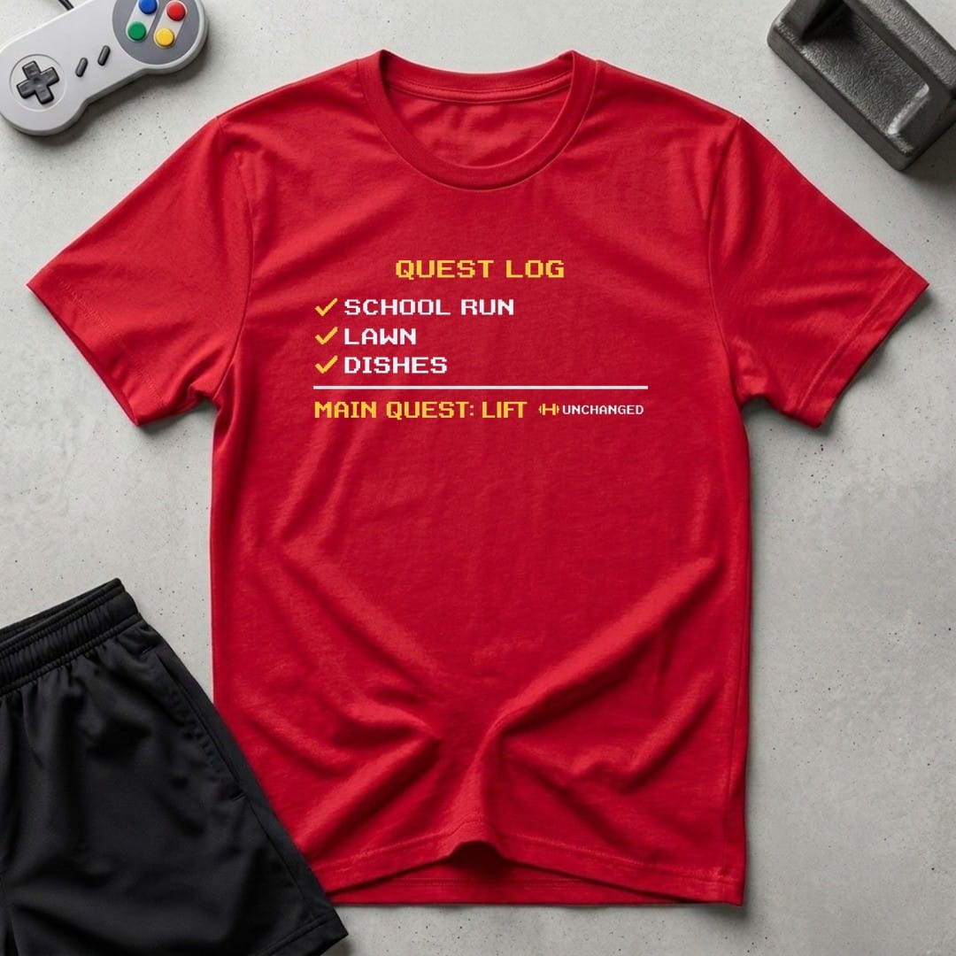 DreamMaker mockup — Quest Log T-Shirt (red)