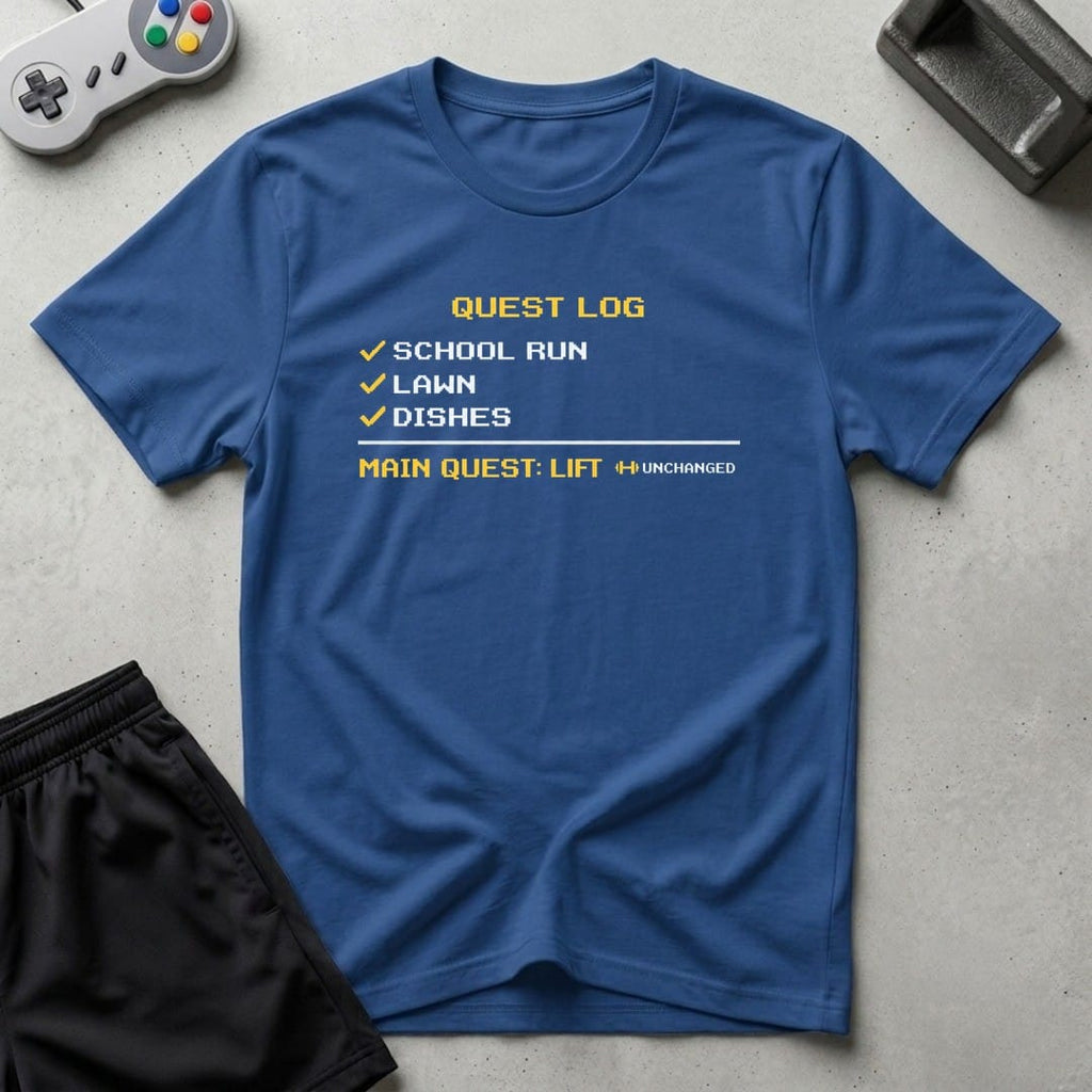 DreamMaker mockup — Quest Log T-Shirt (royal)