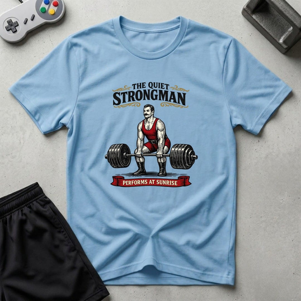DreamMaker mockup — Quiet Strongman T-Shirt (light-blue)
