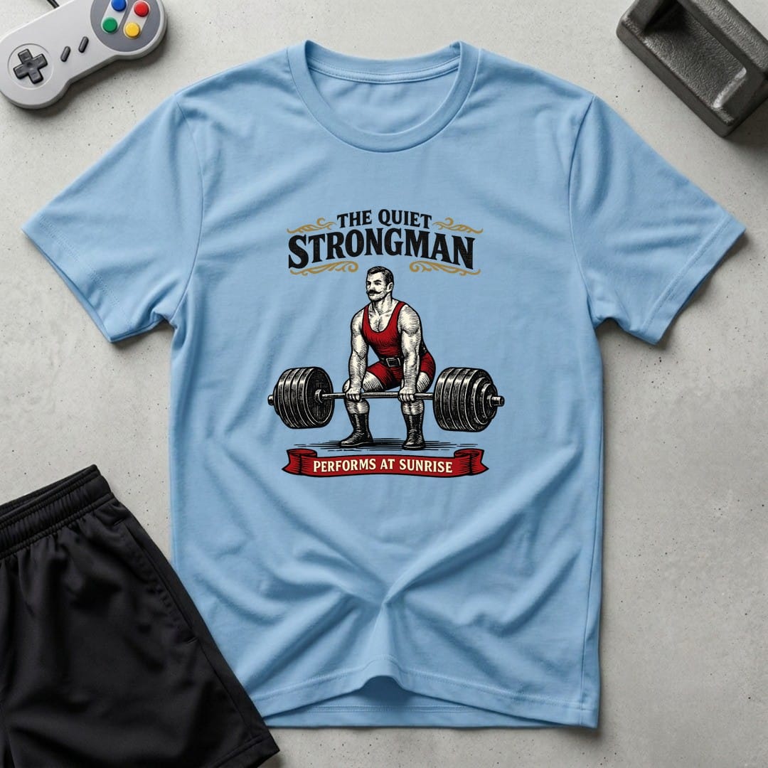 DreamMaker mockup — Quiet Strongman T-Shirt (light-blue)