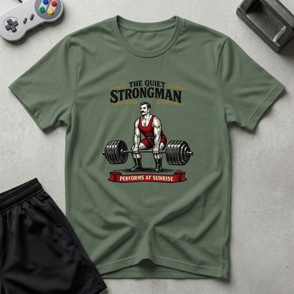 DreamMaker mockup — Quiet Strongman T-Shirt (military-green)