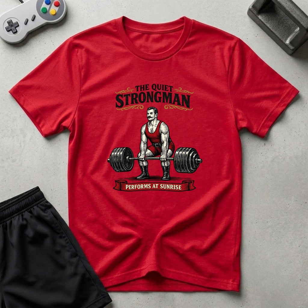 DreamMaker mockup — Quiet Strongman T-Shirt (red)