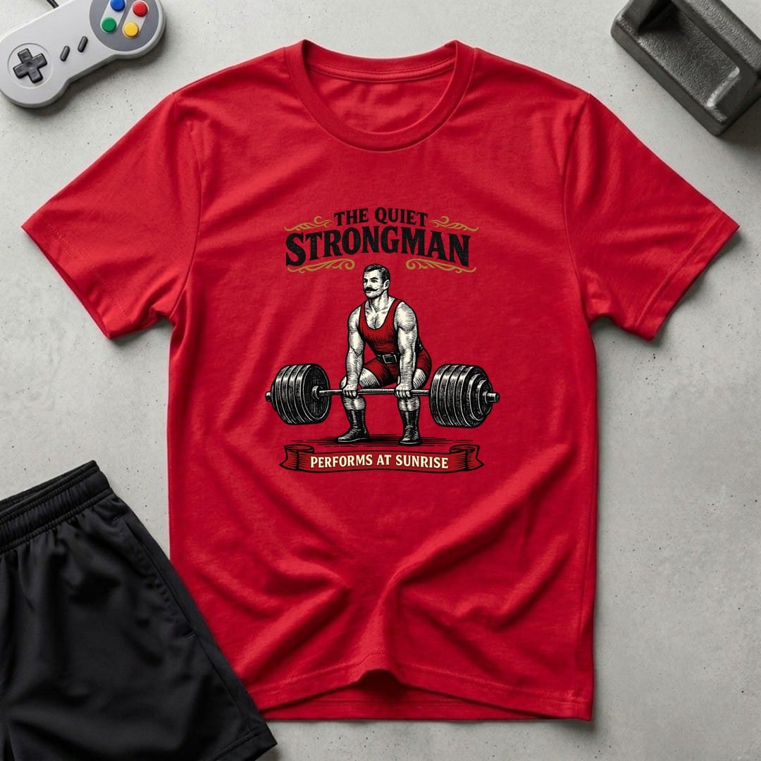 DreamMaker mockup — Quiet Strongman T-Shirt (red)