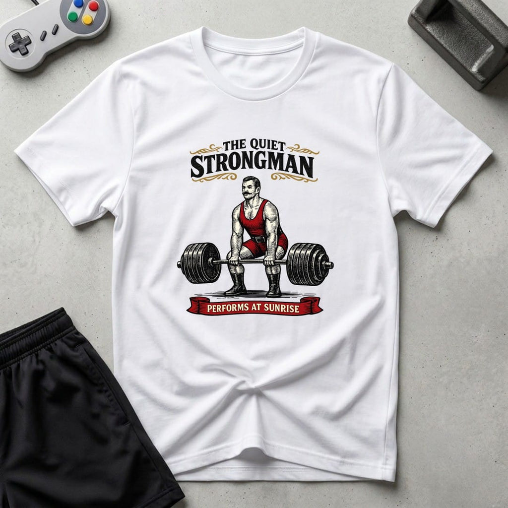 DreamMaker mockup — Quiet Strongman T-Shirt (white)