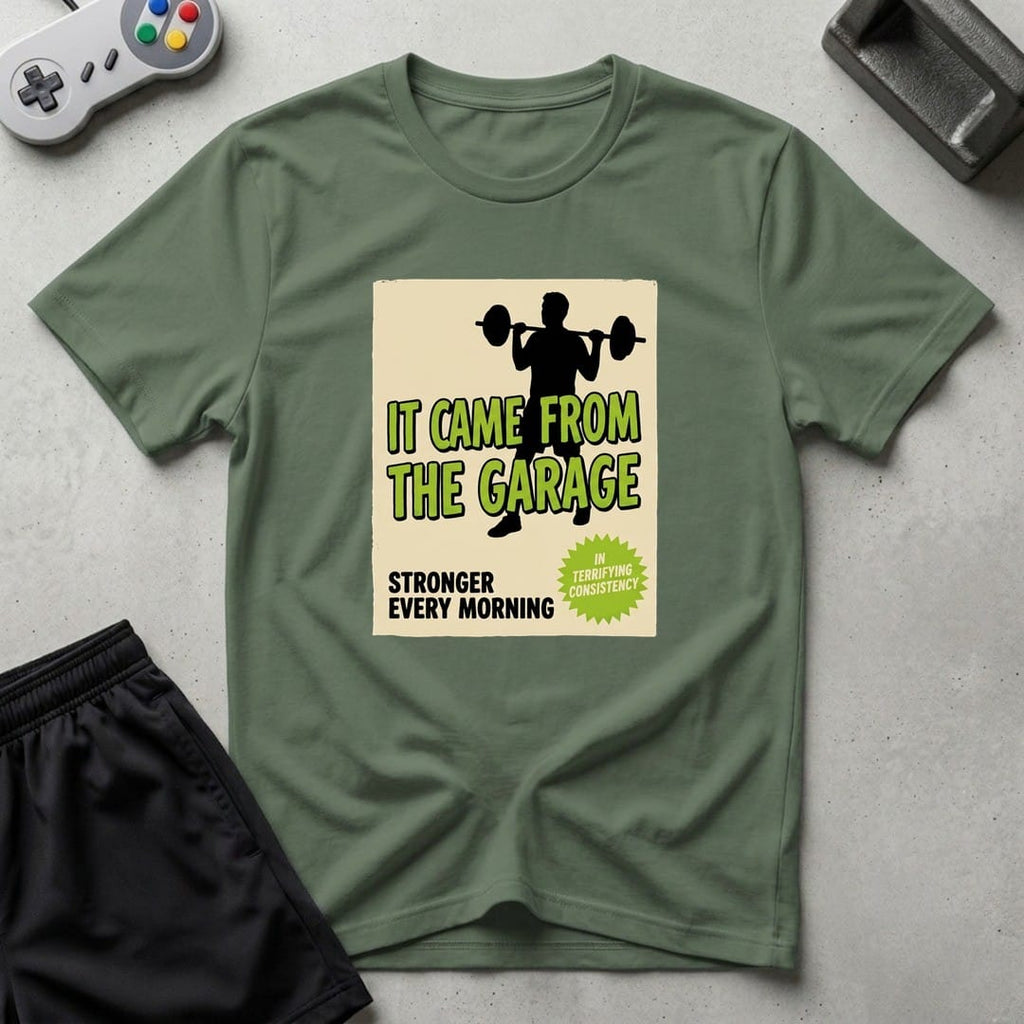DreamMaker mockup — Retro Sci Fi Poster T-Shirt (military-green)