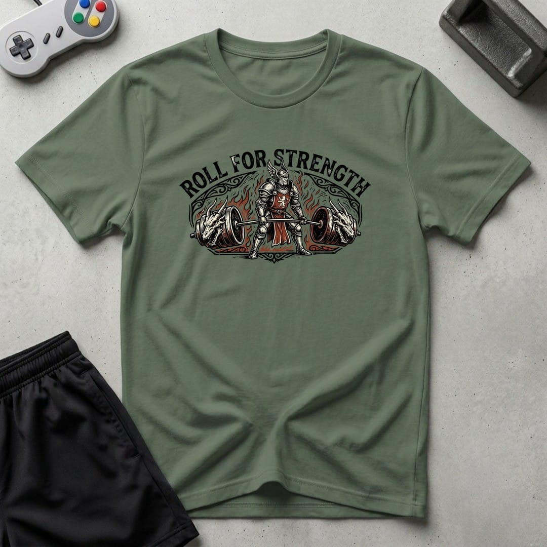 DreamMaker mockup — Roll For Strength T-Shirt (military-green)