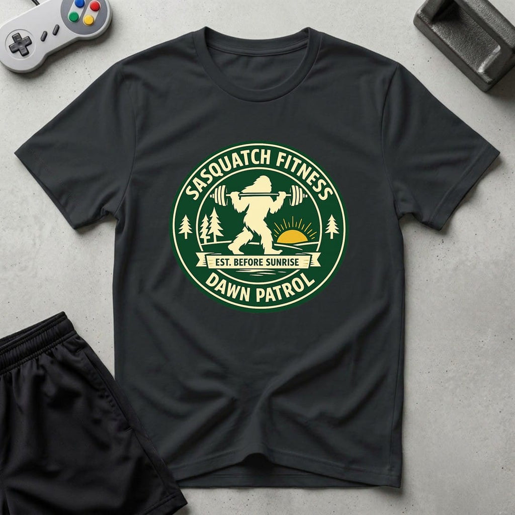 DreamMaker mockup — Sasquatch Dawn Patrol T-Shirt (black)