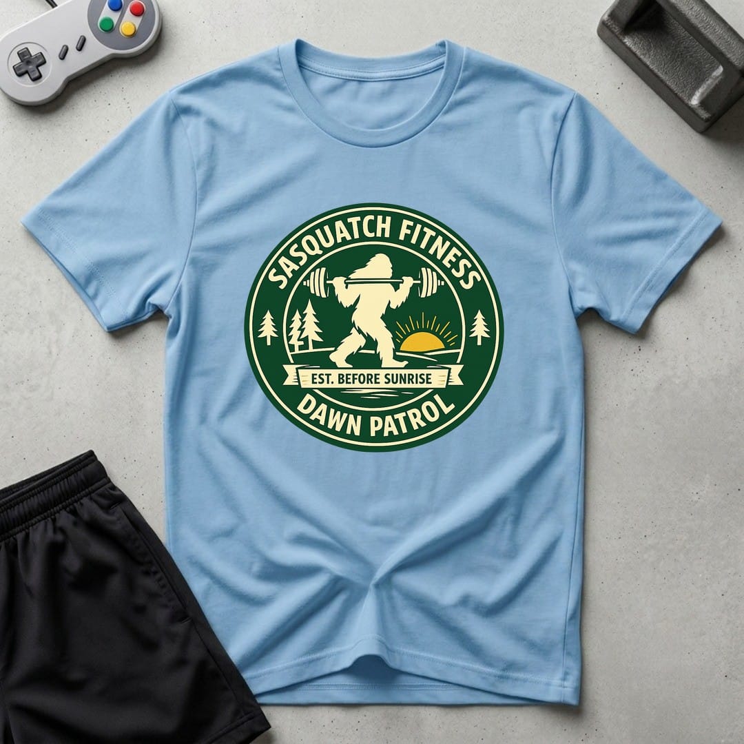 DreamMaker mockup — Sasquatch Dawn Patrol T-Shirt (light-blue)