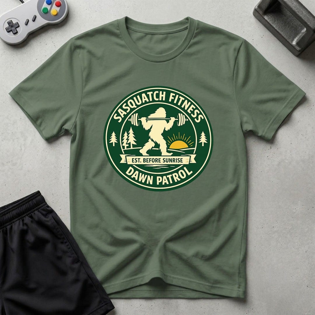 DreamMaker mockup — Sasquatch Dawn Patrol T-Shirt (military-green)