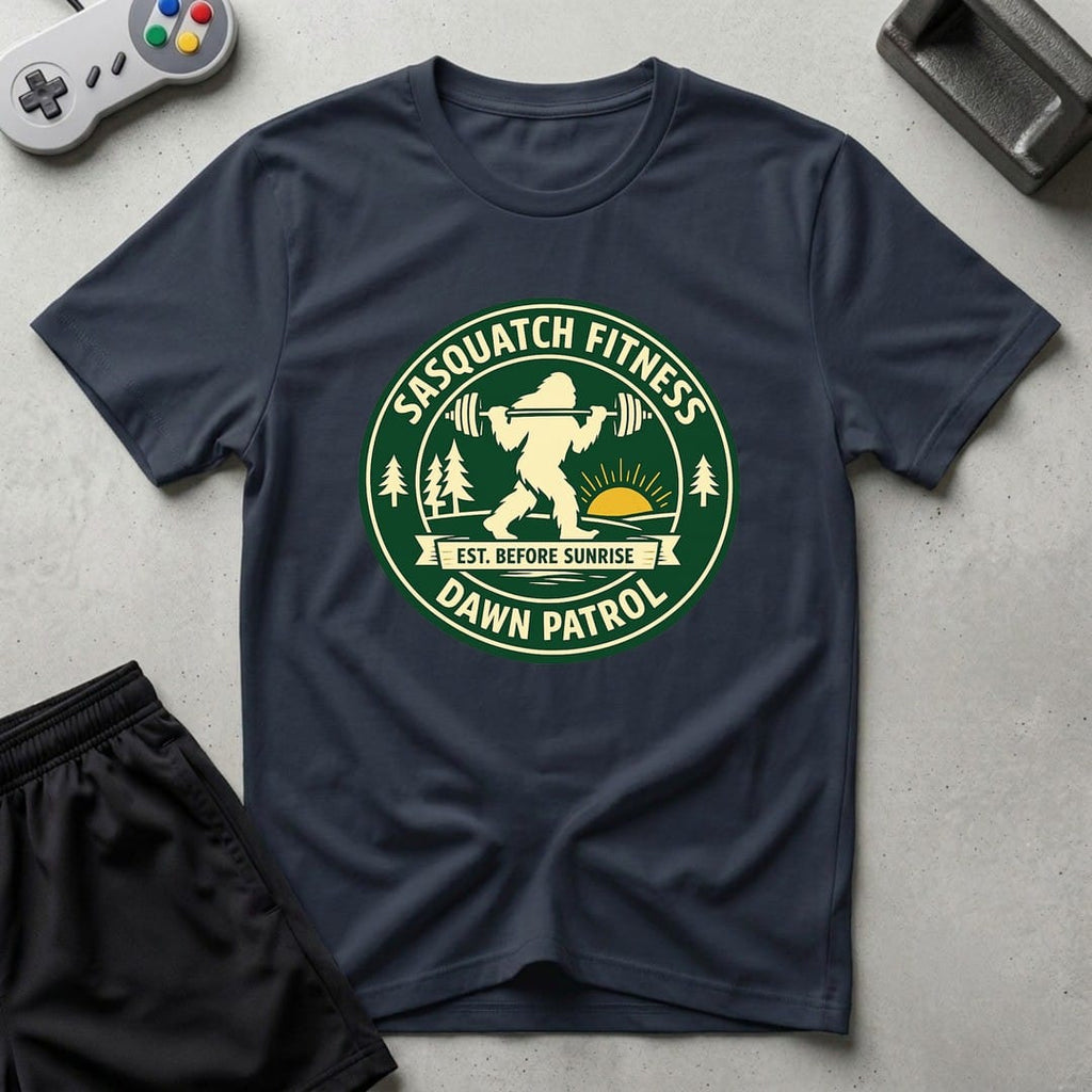 DreamMaker mockup — Sasquatch Dawn Patrol T-Shirt (navy)
