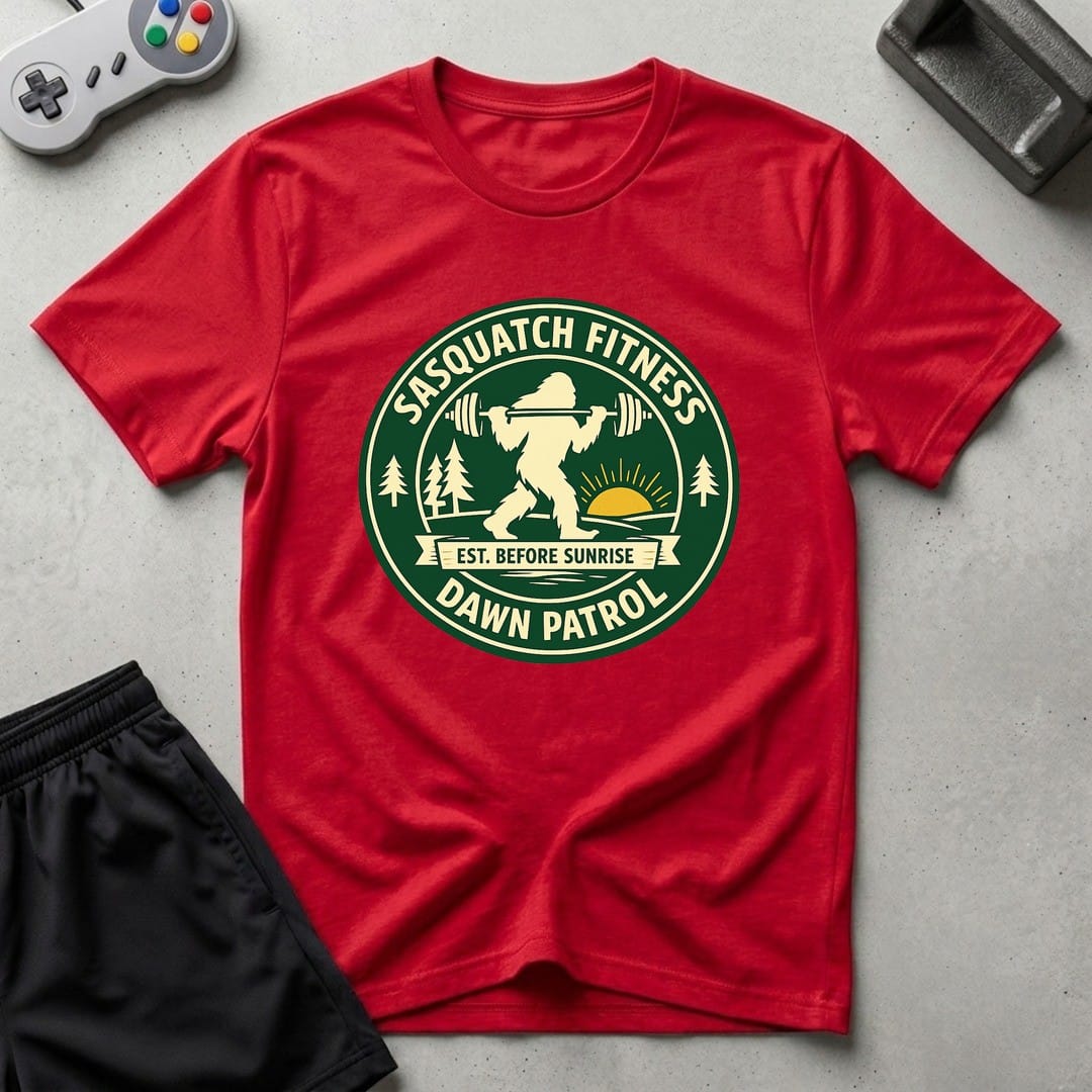 DreamMaker mockup — Sasquatch Dawn Patrol T-Shirt (red)