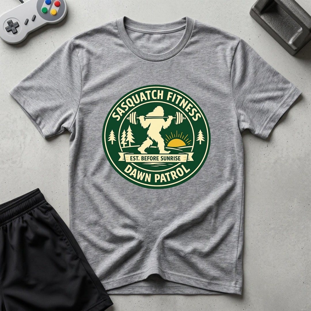 DreamMaker mockup — Sasquatch Dawn Patrol T-Shirt (sport-grey)