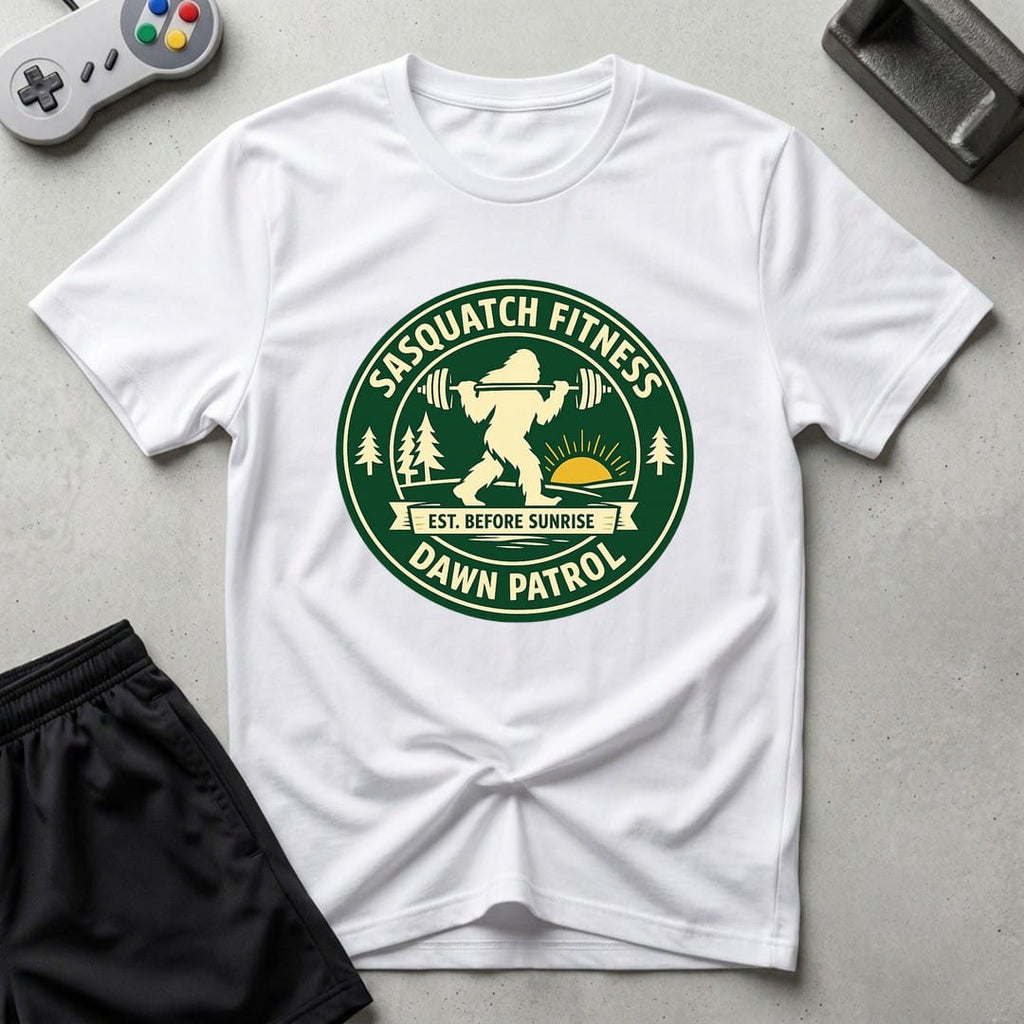 DreamMaker mockup — Sasquatch Dawn Patrol T-Shirt (white)