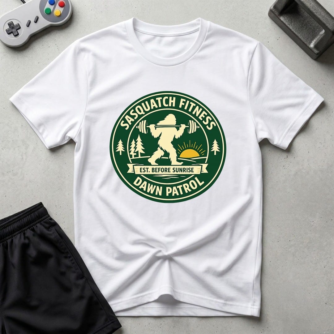 DreamMaker mockup — Sasquatch Dawn Patrol T-Shirt (white)