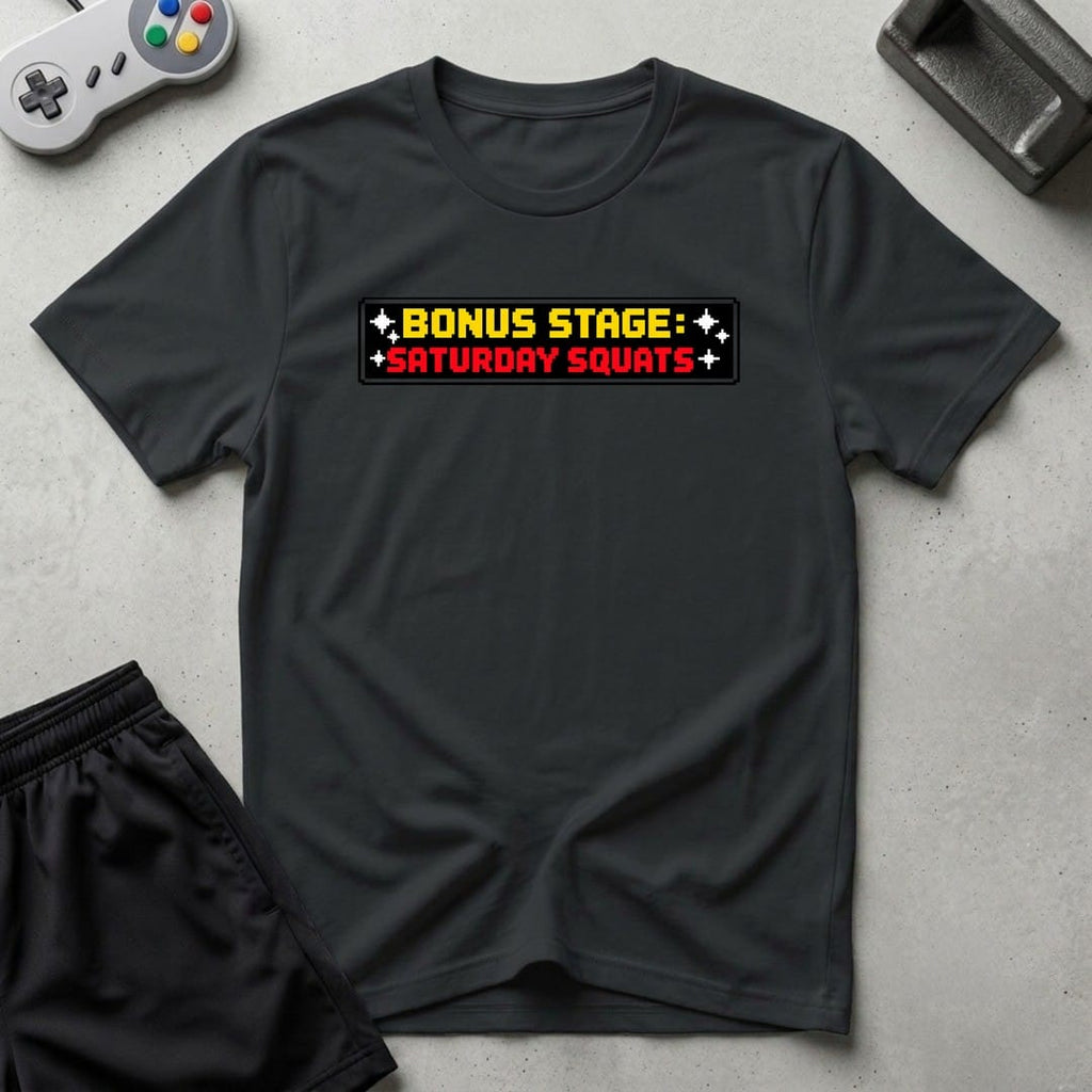 DreamMaker mockup — Saturday Squats T-Shirt (black)