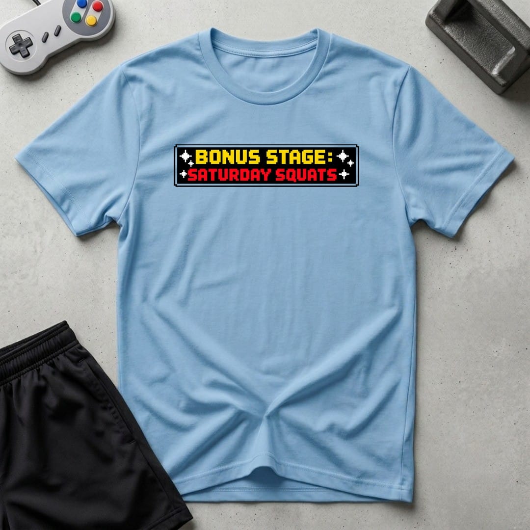 DreamMaker mockup — Saturday Squats T-Shirt (light-blue)
