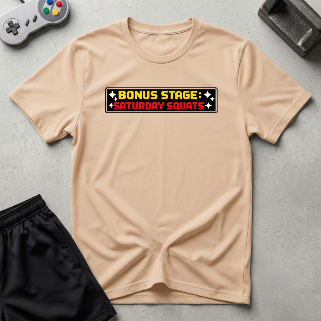 DreamMaker mockup — Saturday Squats T-Shirt (natural)