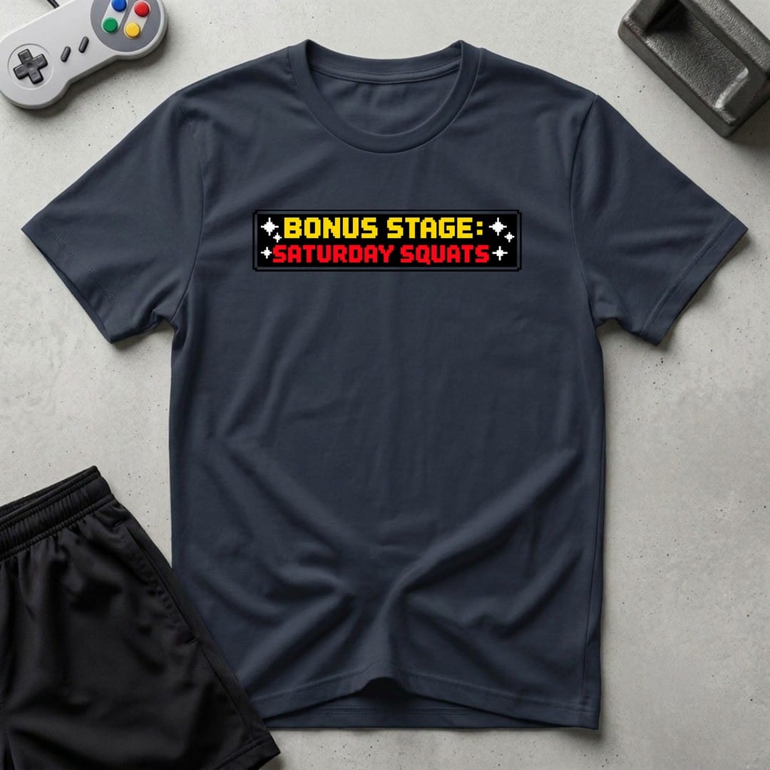 DreamMaker mockup — Saturday Squats T-Shirt (navy)