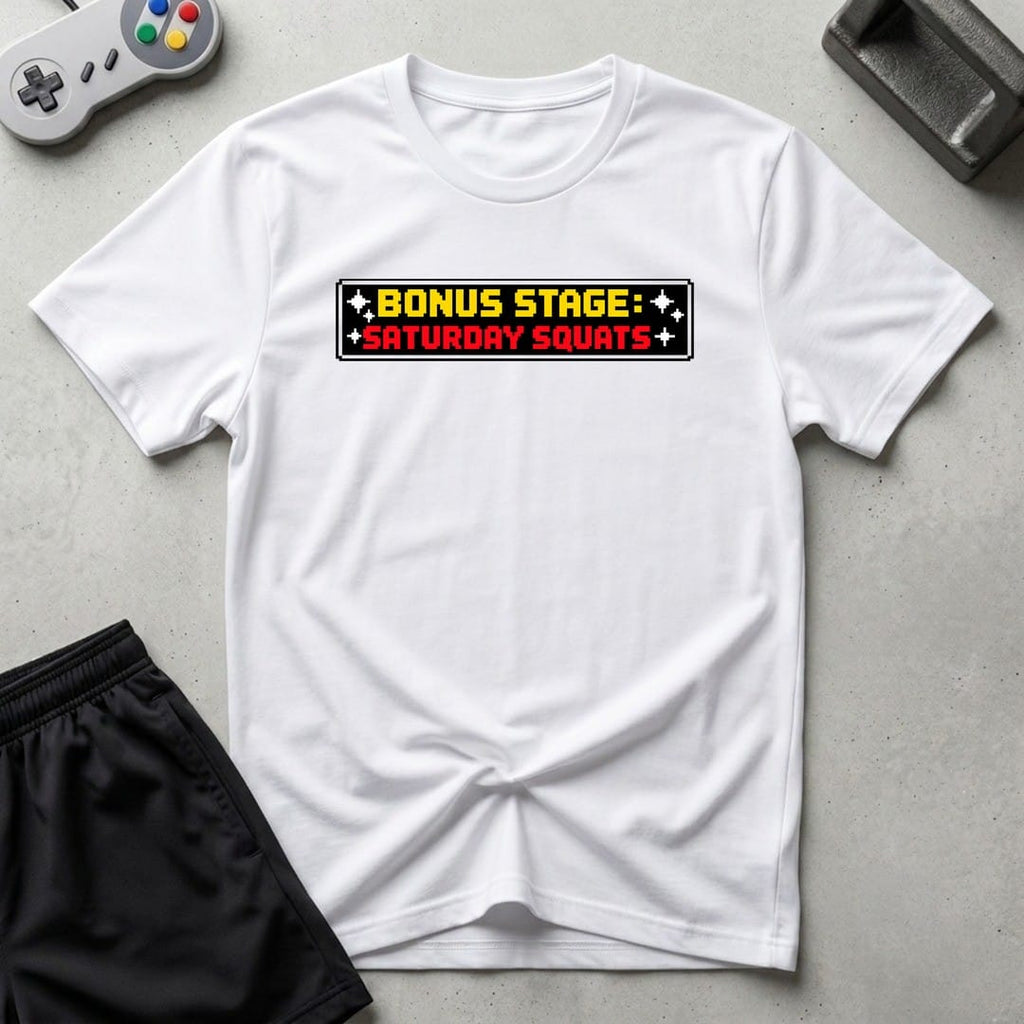 DreamMaker mockup — Saturday Squats T-Shirt (white)