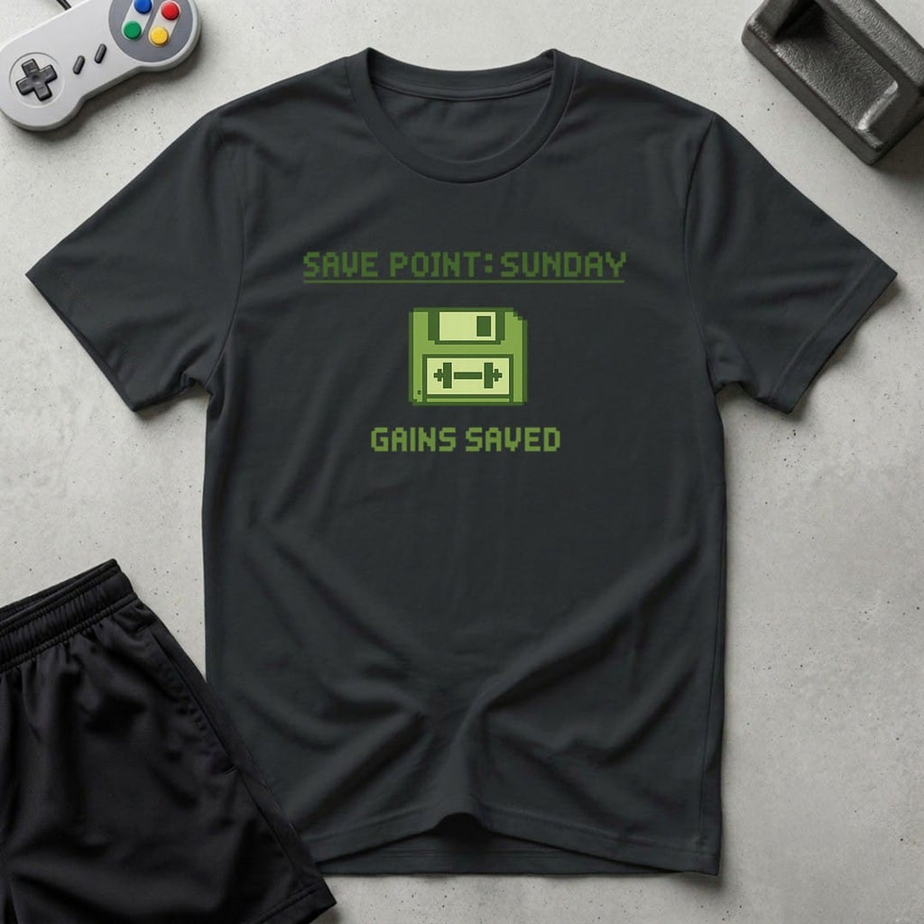 DreamMaker mockup — Save Point Sunday T-Shirt (black)