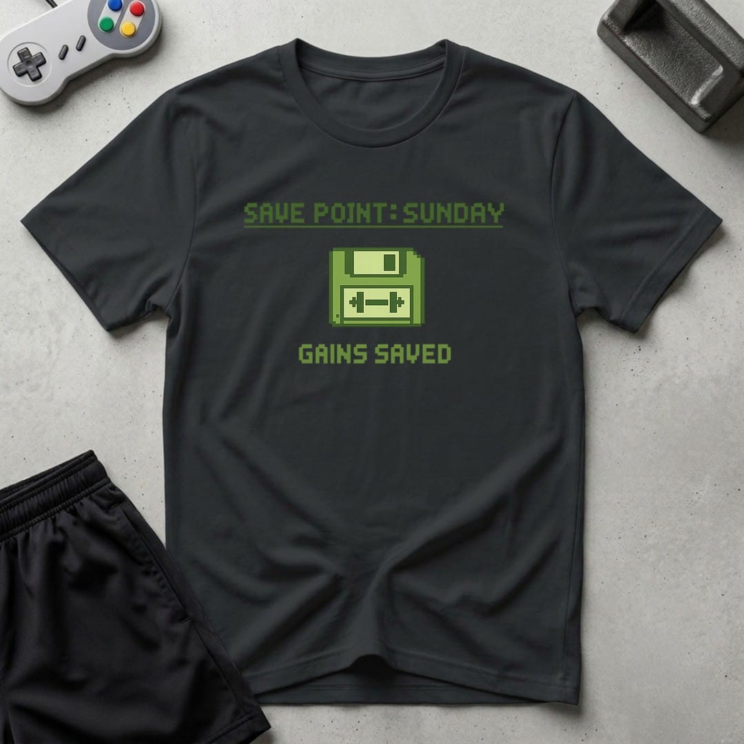 DreamMaker mockup — Save Point Sunday T-Shirt (black)