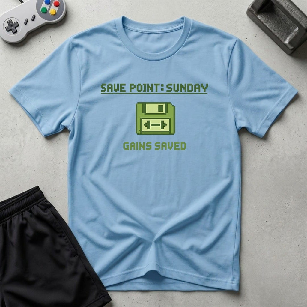 DreamMaker mockup — Save Point Sunday T-Shirt (light-blue)