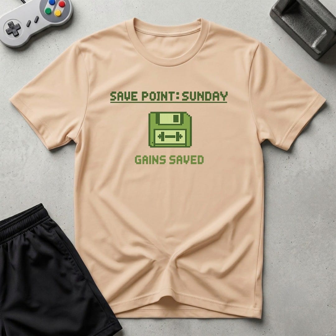 DreamMaker mockup — Save Point Sunday T-Shirt (natural)