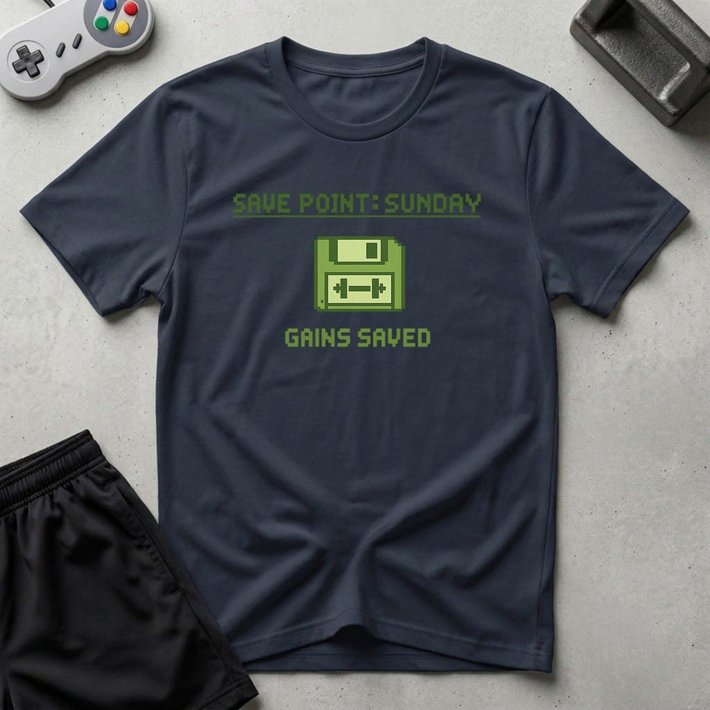 DreamMaker mockup — Save Point Sunday T-Shirt (navy)