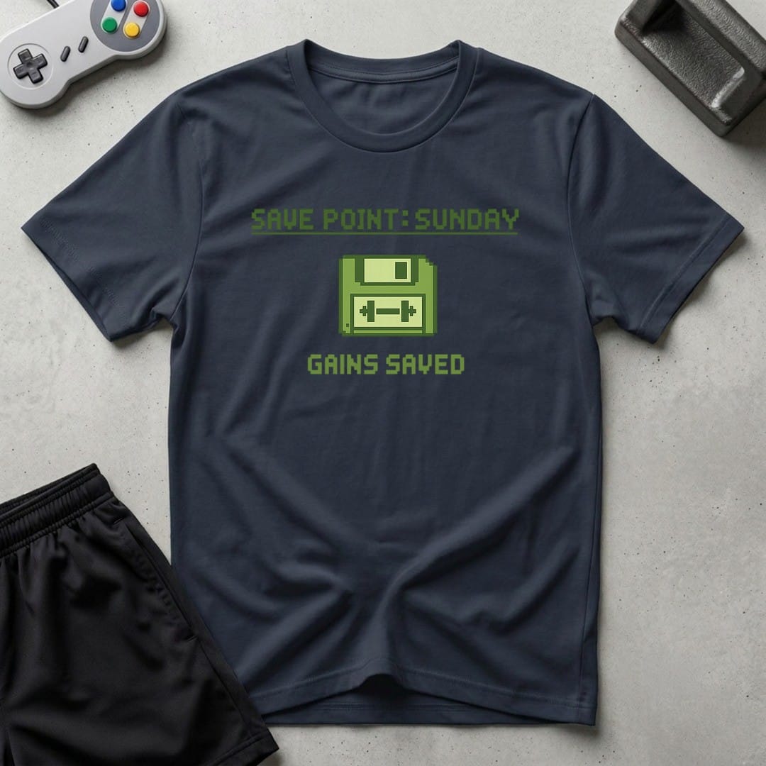 DreamMaker mockup — Save Point Sunday T-Shirt (navy)