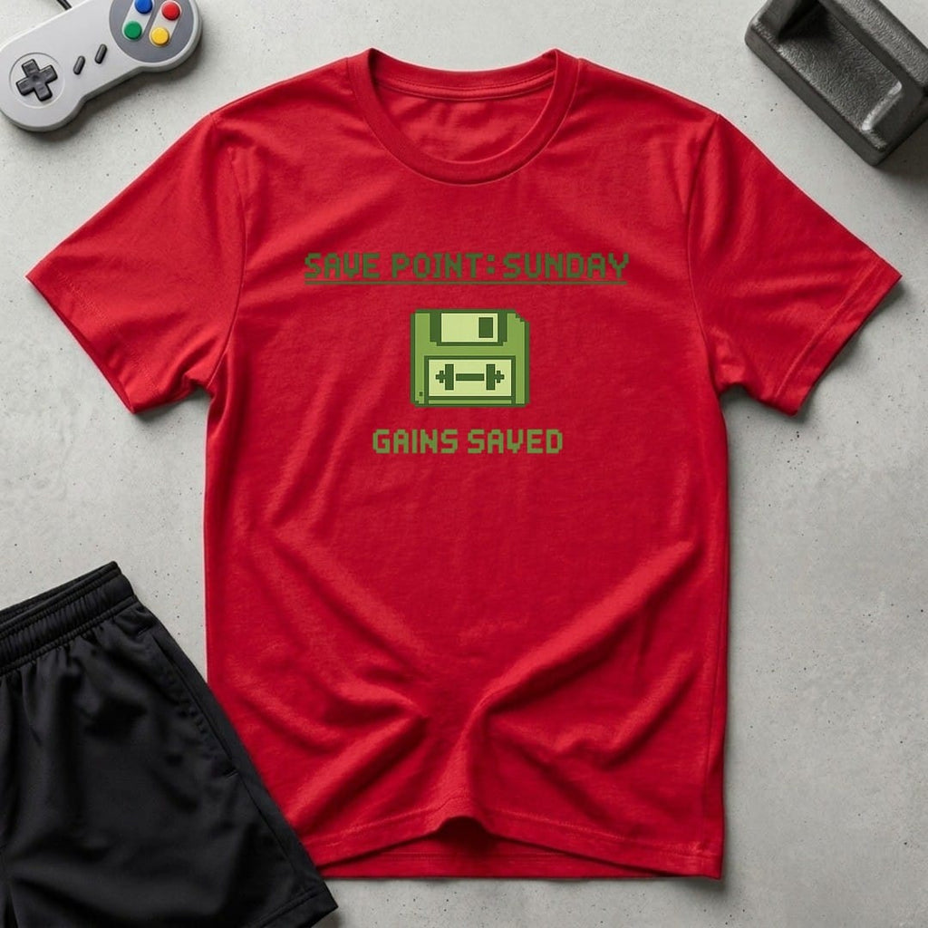 DreamMaker mockup — Save Point Sunday T-Shirt (red)