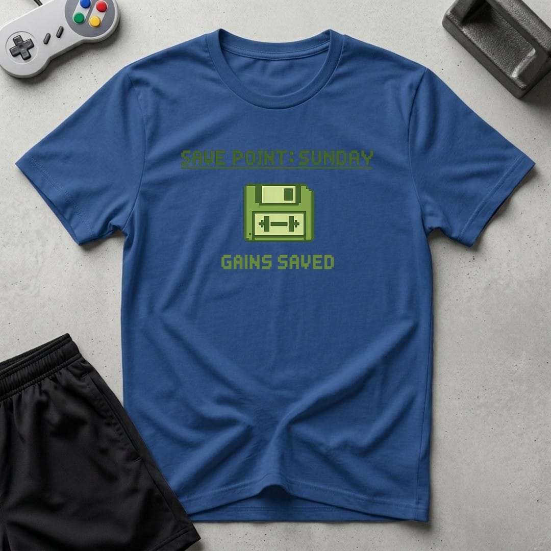 DreamMaker mockup — Save Point Sunday T-Shirt (royal)