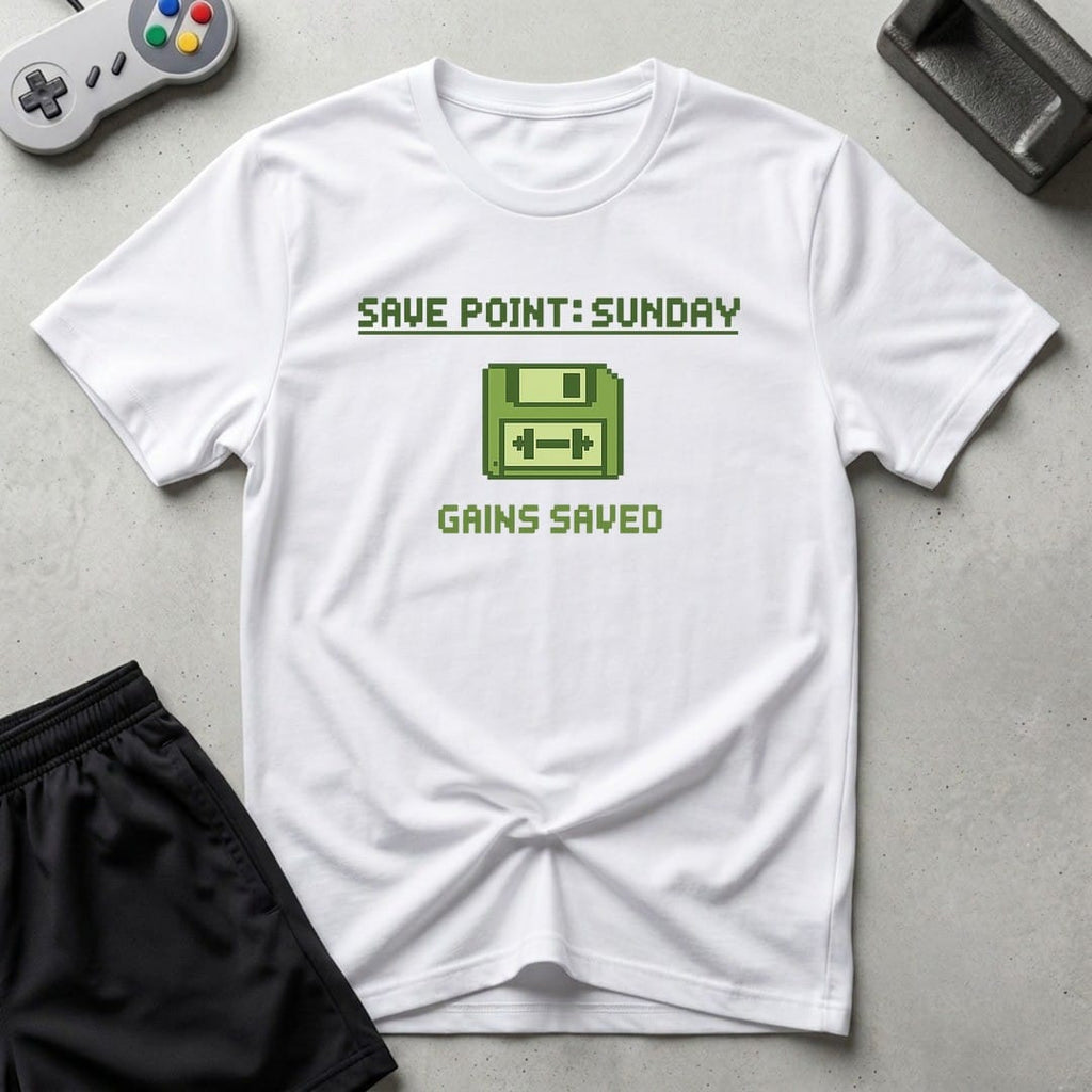 DreamMaker mockup — Save Point Sunday T-Shirt (white)