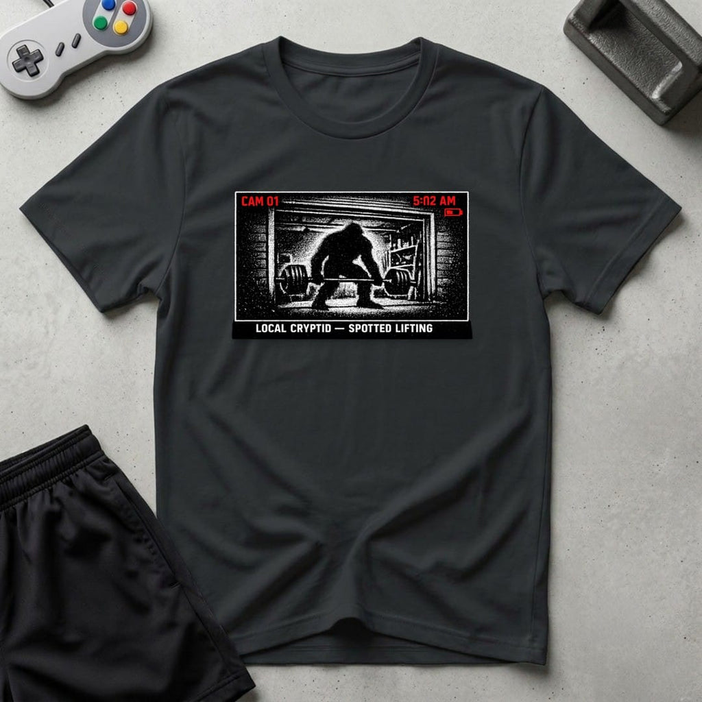 DreamMaker mockup — Security Footage Lifting T-Shirt (black)