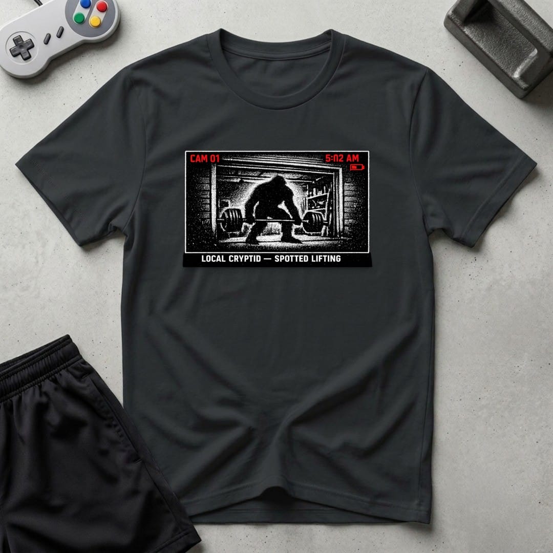 DreamMaker mockup — Security Footage Lifting T-Shirt (black)