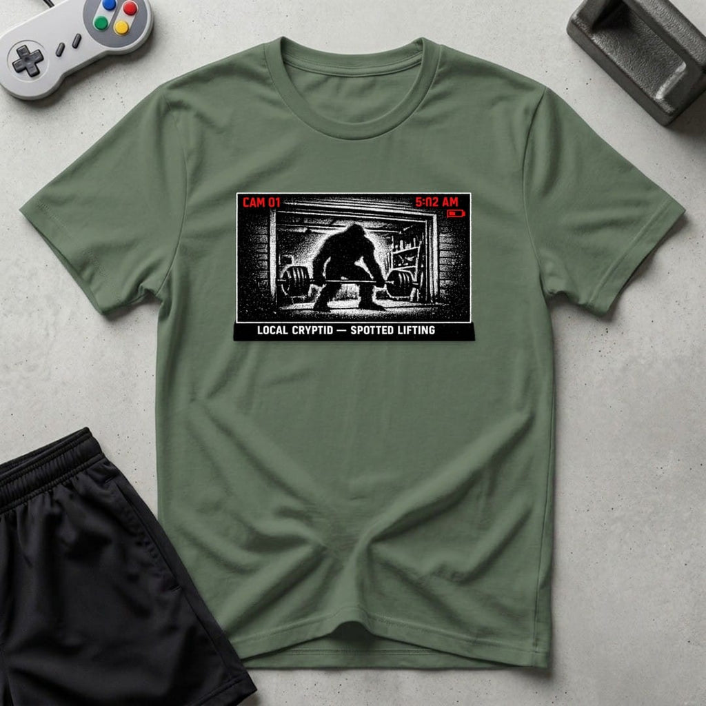 DreamMaker mockup — Security Footage Lifting T-Shirt (military-green)