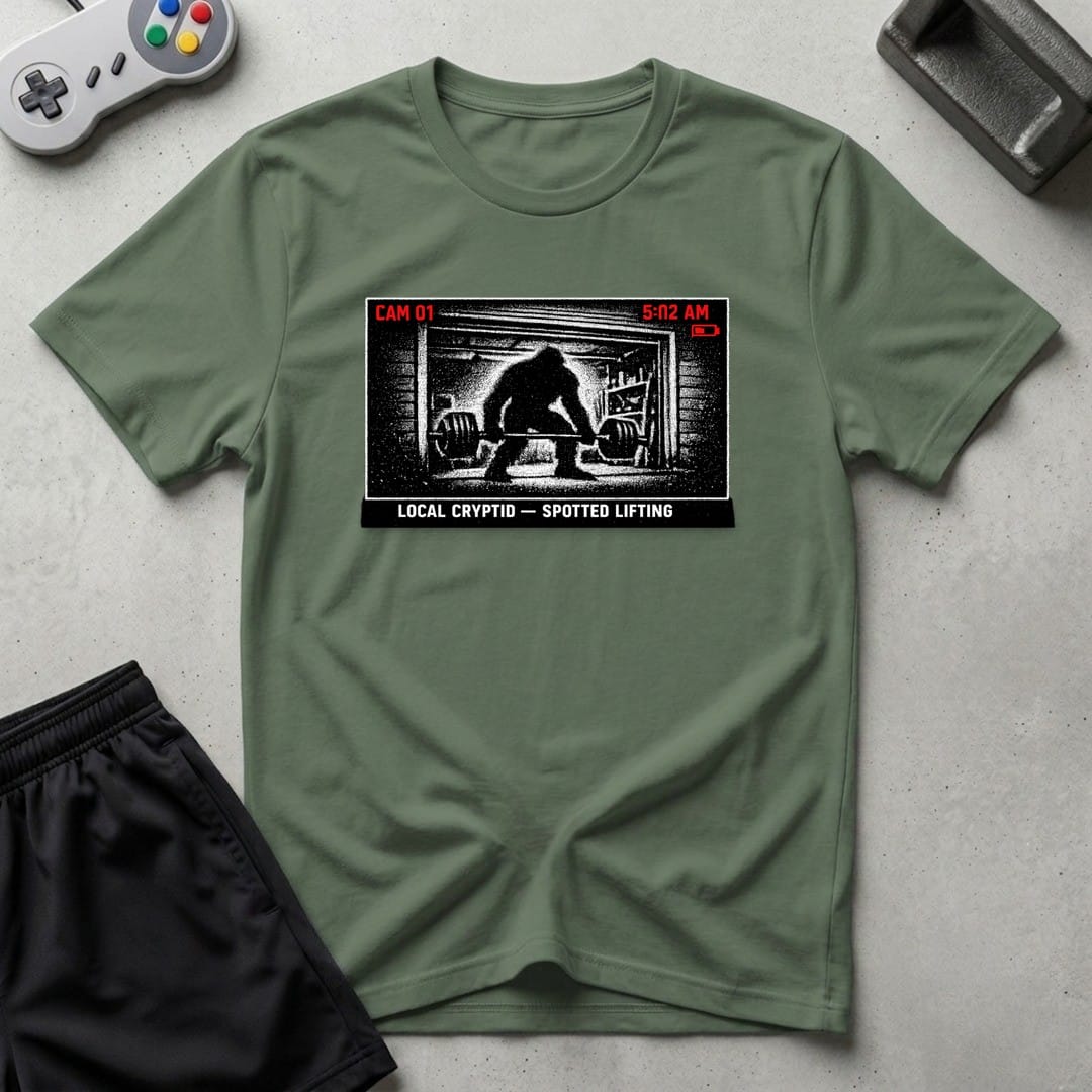 DreamMaker mockup — Security Footage Lifting T-Shirt (military-green)