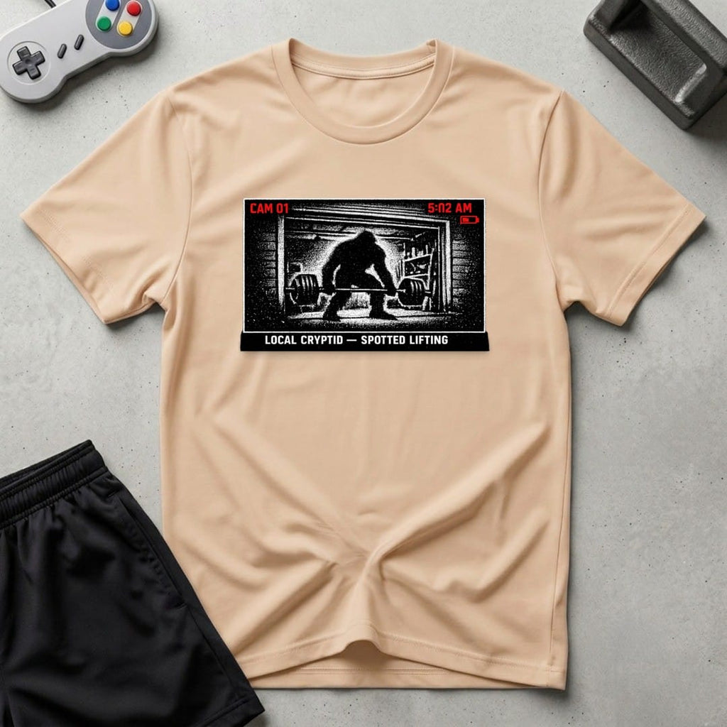 DreamMaker mockup — Security Footage Lifting T-Shirt (natural)