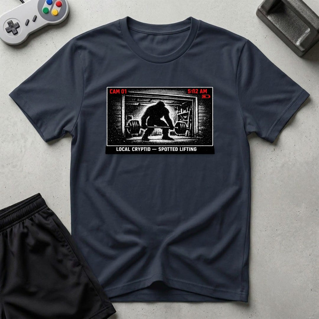 DreamMaker mockup — Security Footage Lifting T-Shirt (navy)
