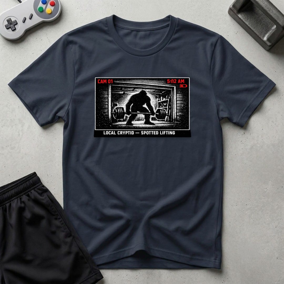 DreamMaker mockup — Security Footage Lifting T-Shirt (navy)