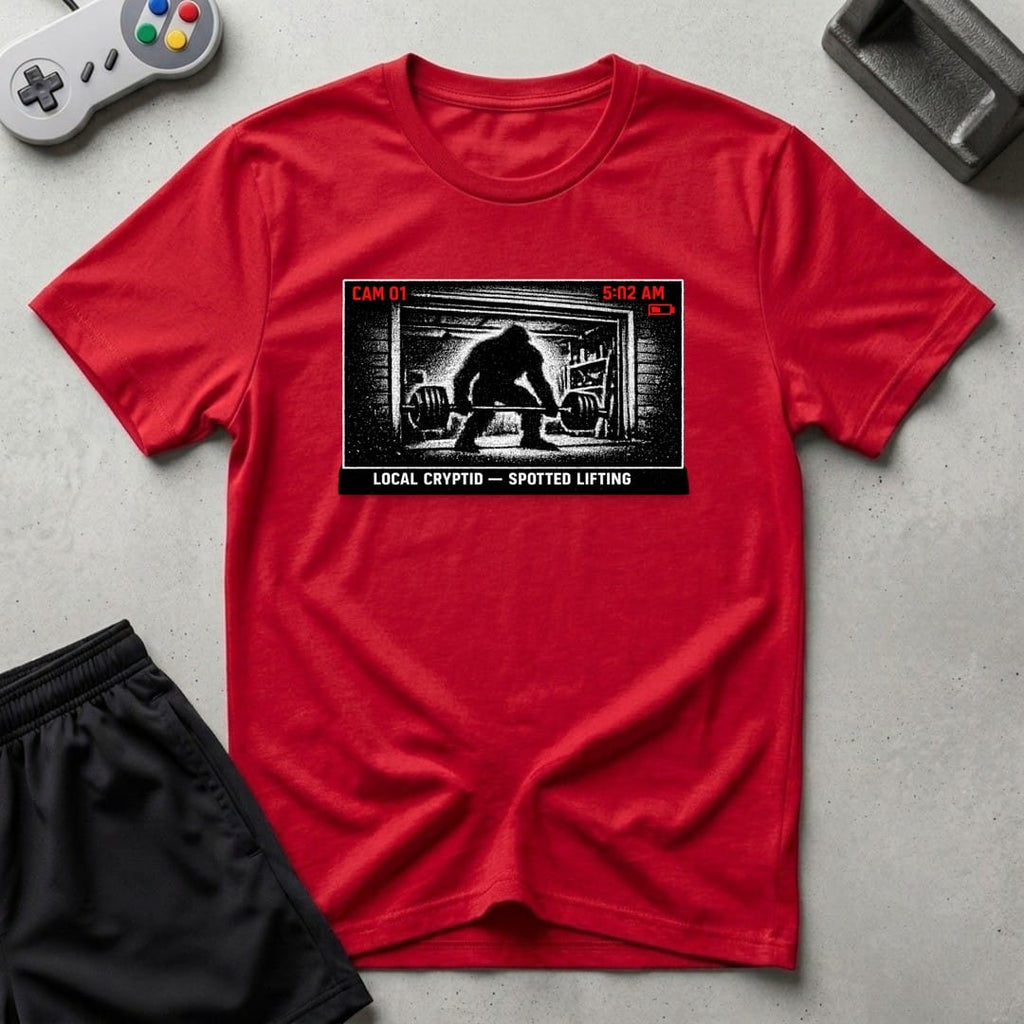DreamMaker mockup — Security Footage Lifting T-Shirt (red)