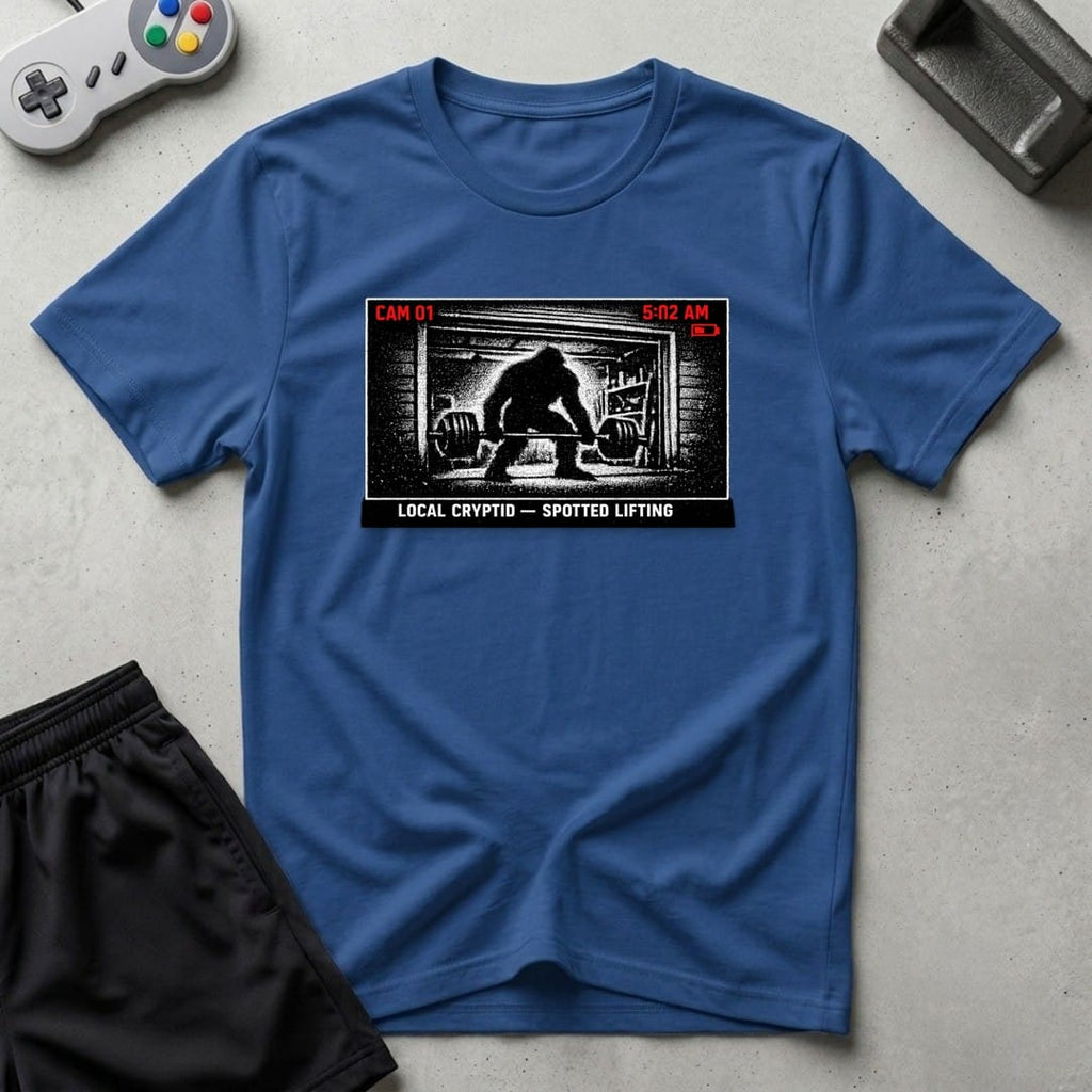 DreamMaker mockup — Security Footage Lifting T-Shirt (royal)