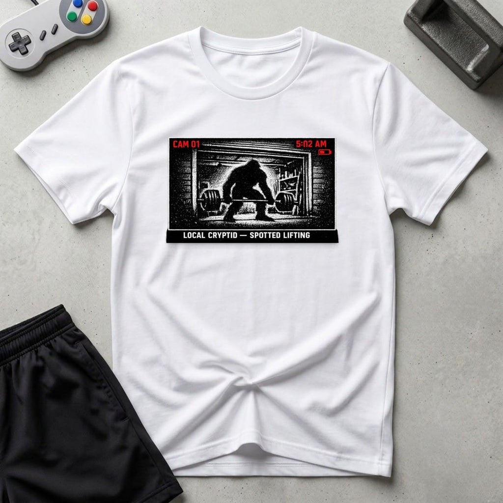 DreamMaker mockup — Security Footage Lifting T-Shirt (white)