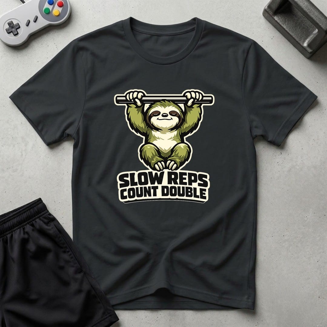 DreamMaker mockup — Slow Reps Count Double T-Shirt (black)