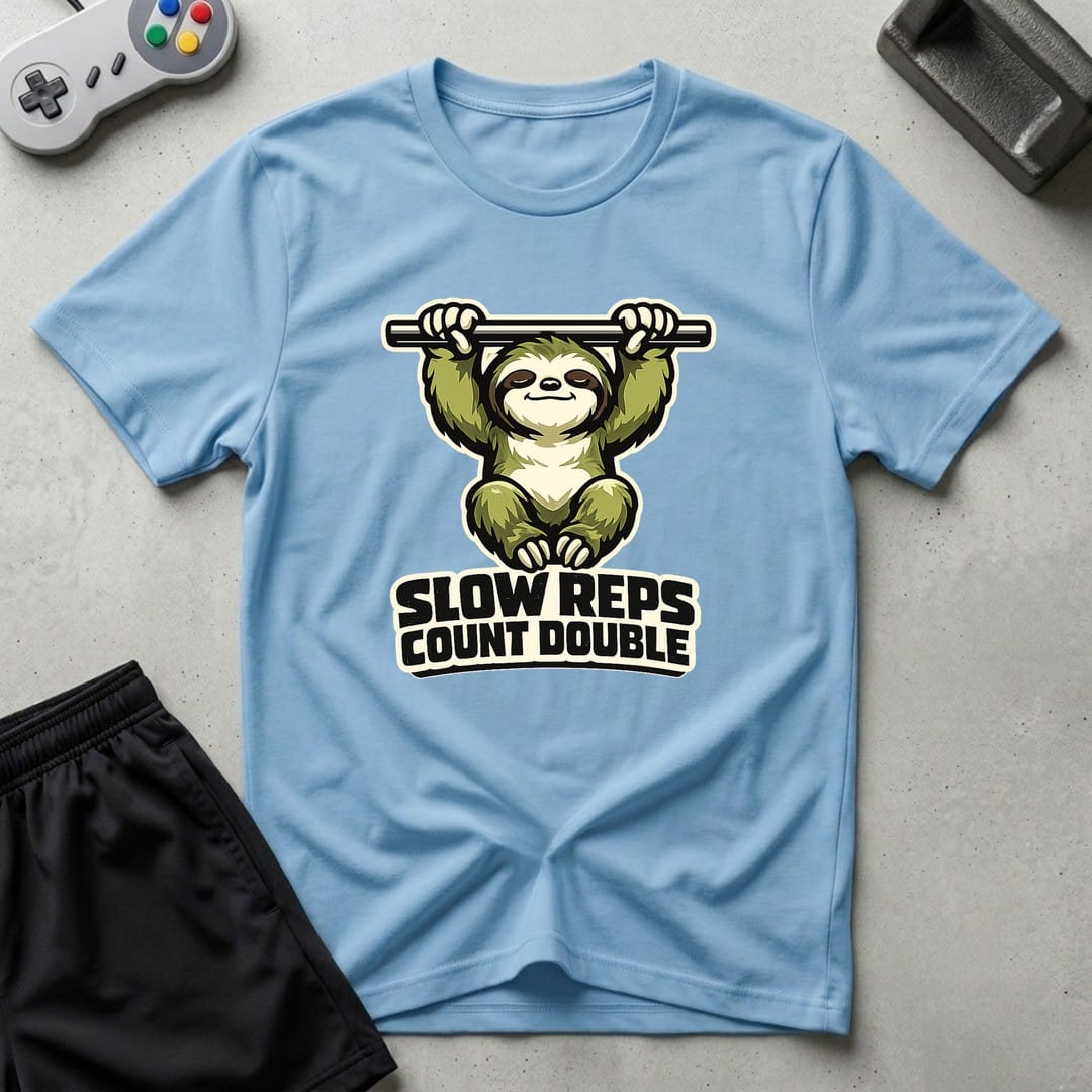 DreamMaker mockup — Slow Reps Count Double T-Shirt (light-blue)