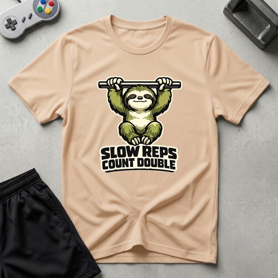 DreamMaker mockup — Slow Reps Count Double T-Shirt (natural)