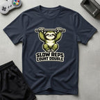 DreamMaker mockup — Slow Reps Count Double T-Shirt (navy)